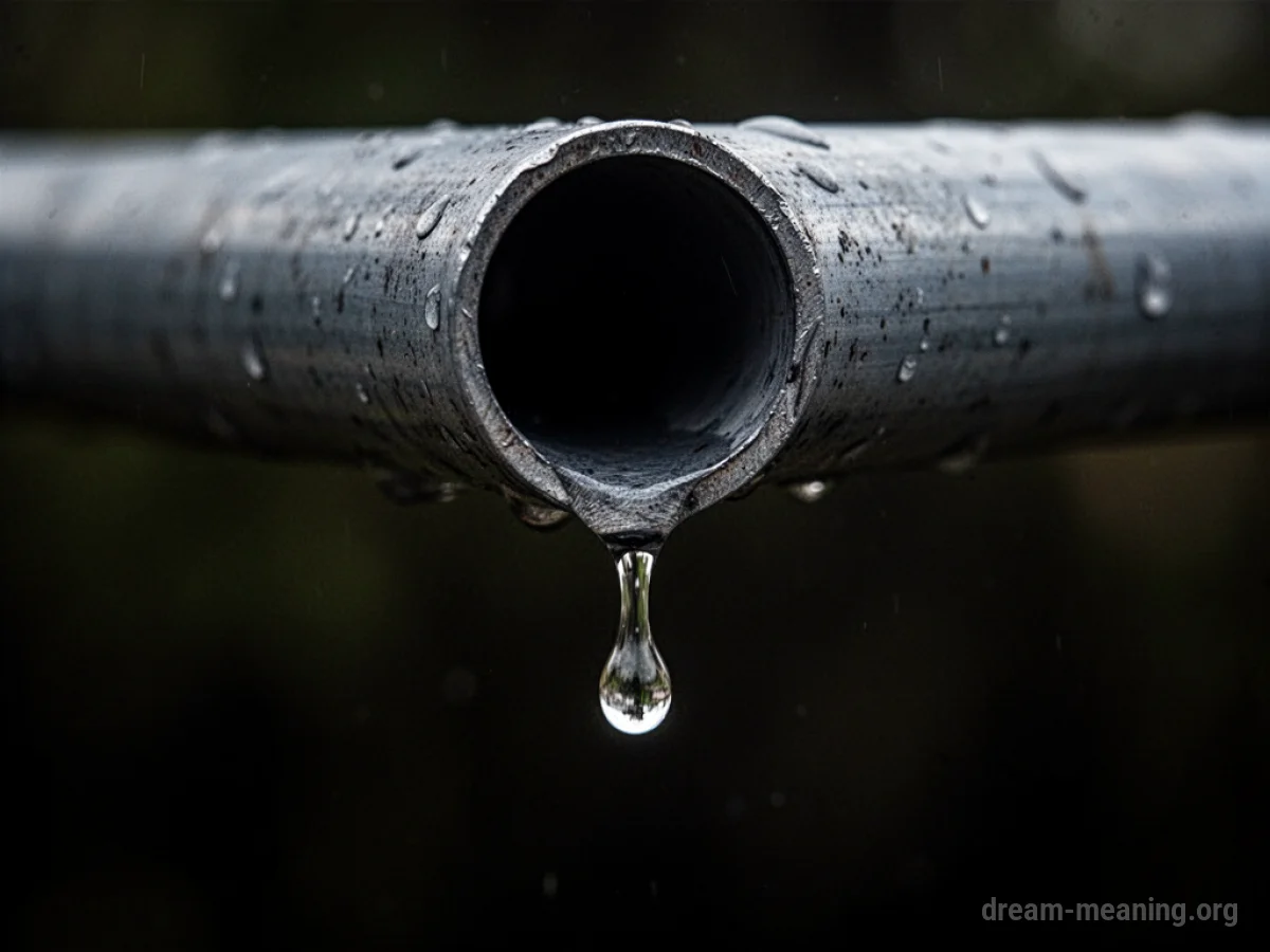 A single drop of water falls from the end of a metal pipe.