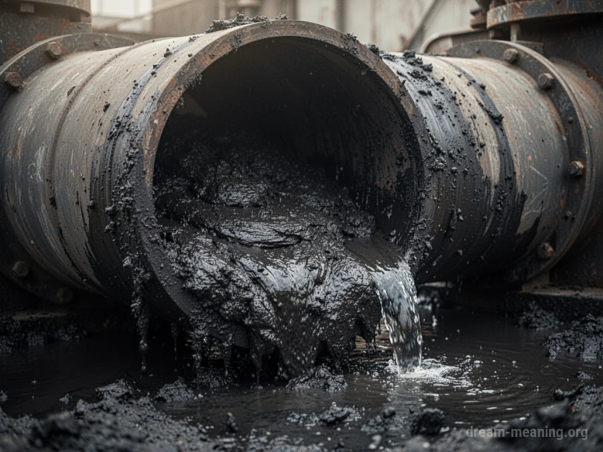A close-up view of a thick, dark sludge obstructing the interior of a pipe.