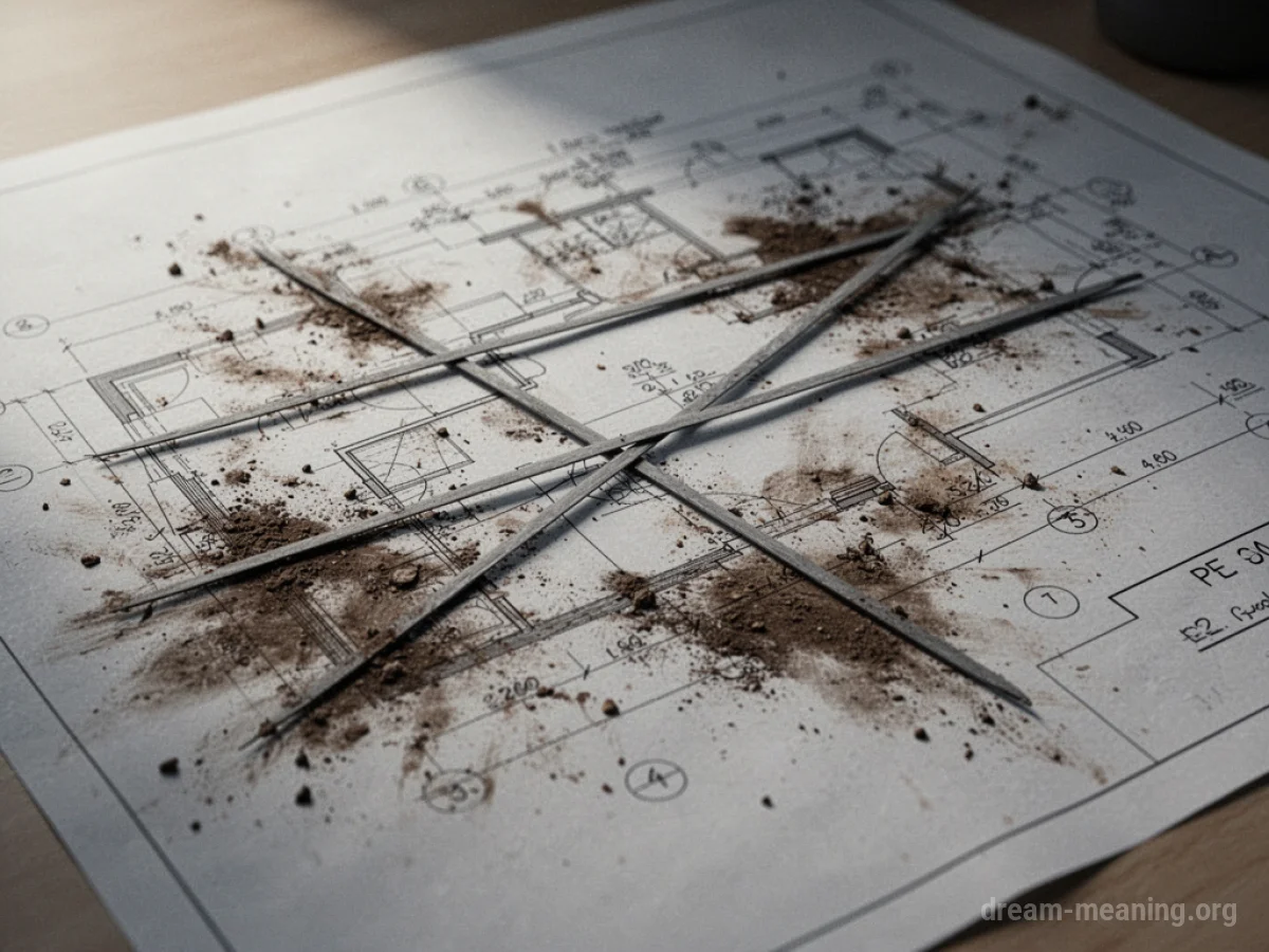 A smudged blueprint with lines crossed out.
