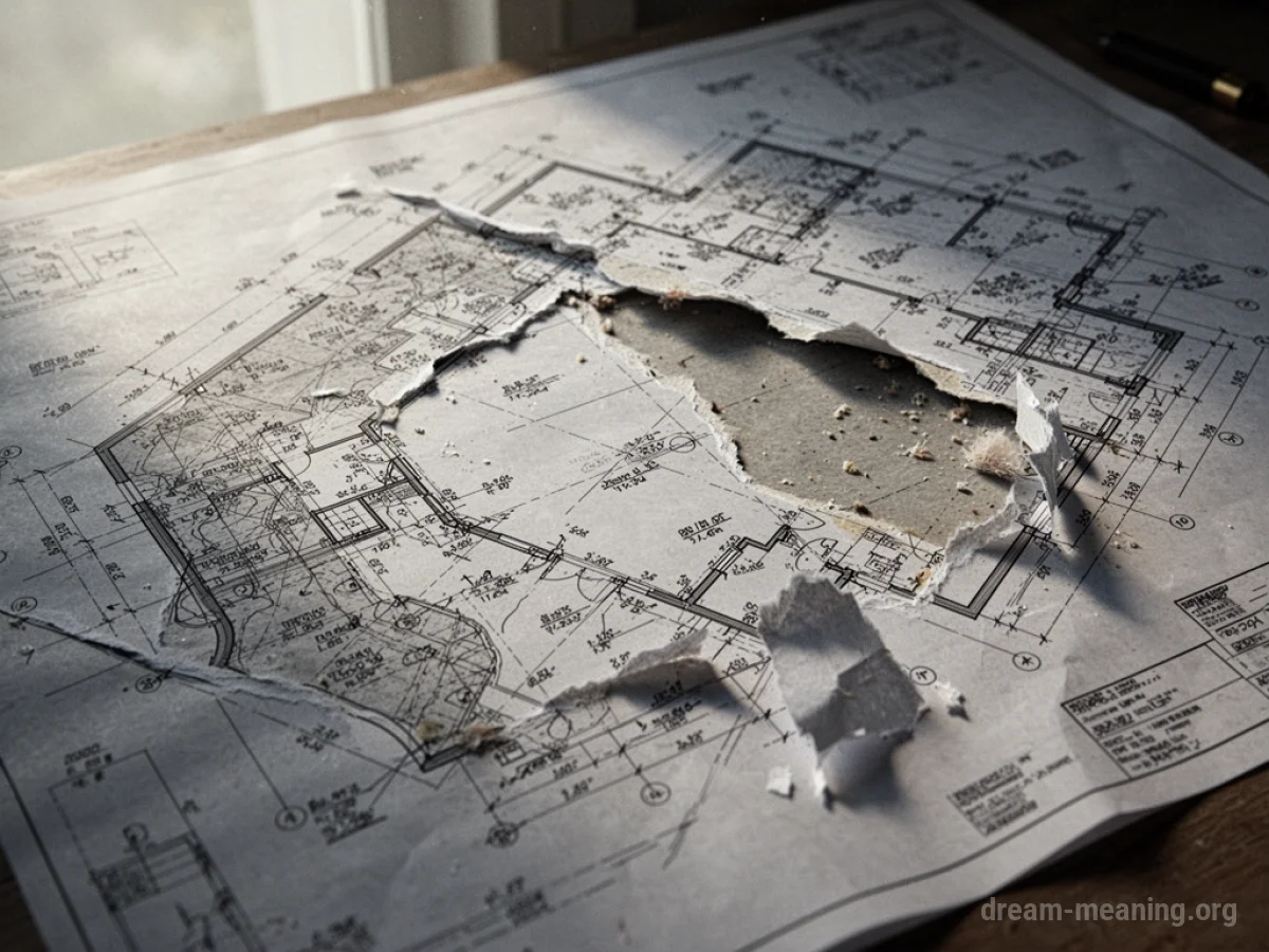 A torn blueprint with a missing section.