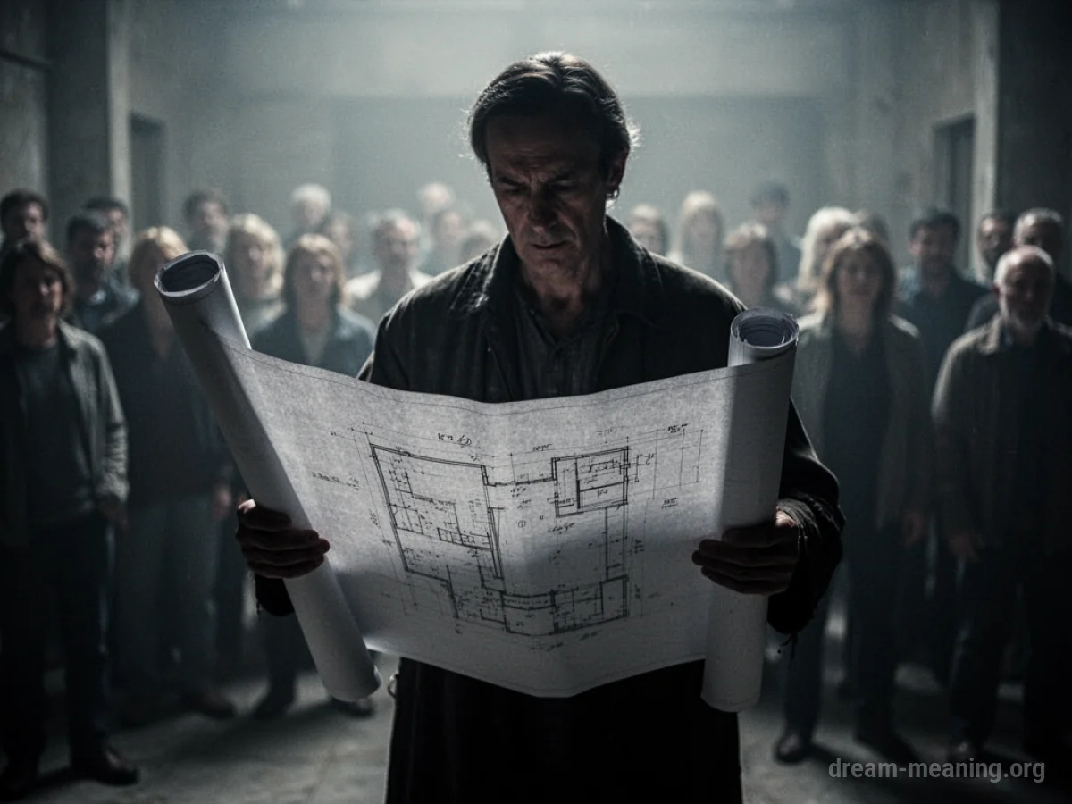 A silhouette of a person holding a blueprint.