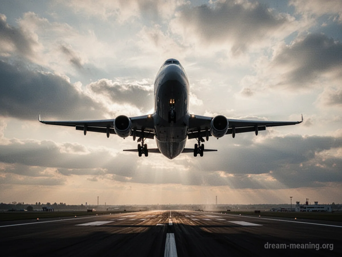 A plane ascending from a runway into a cloudy sky.