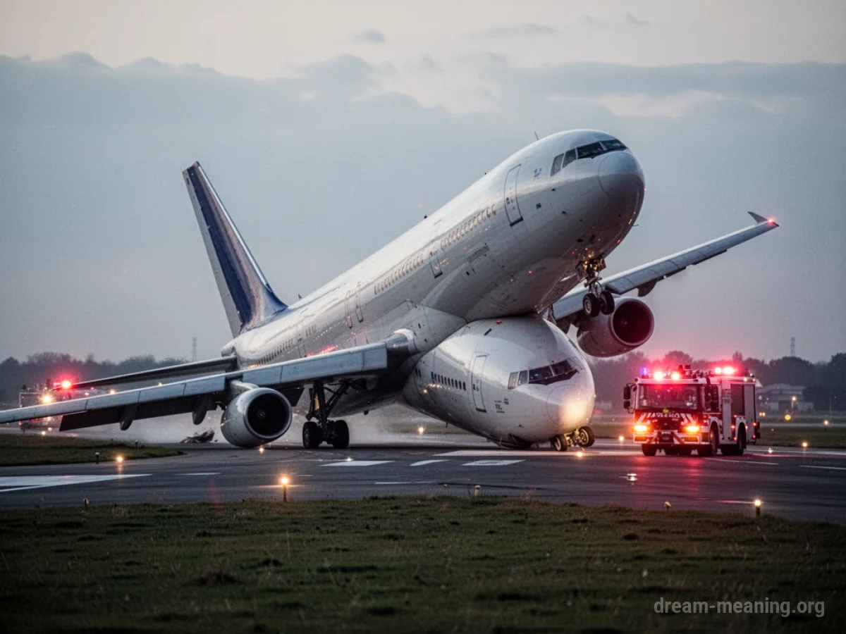 An airplane resting on its side on a runway after an incident, with emergency lights visible.