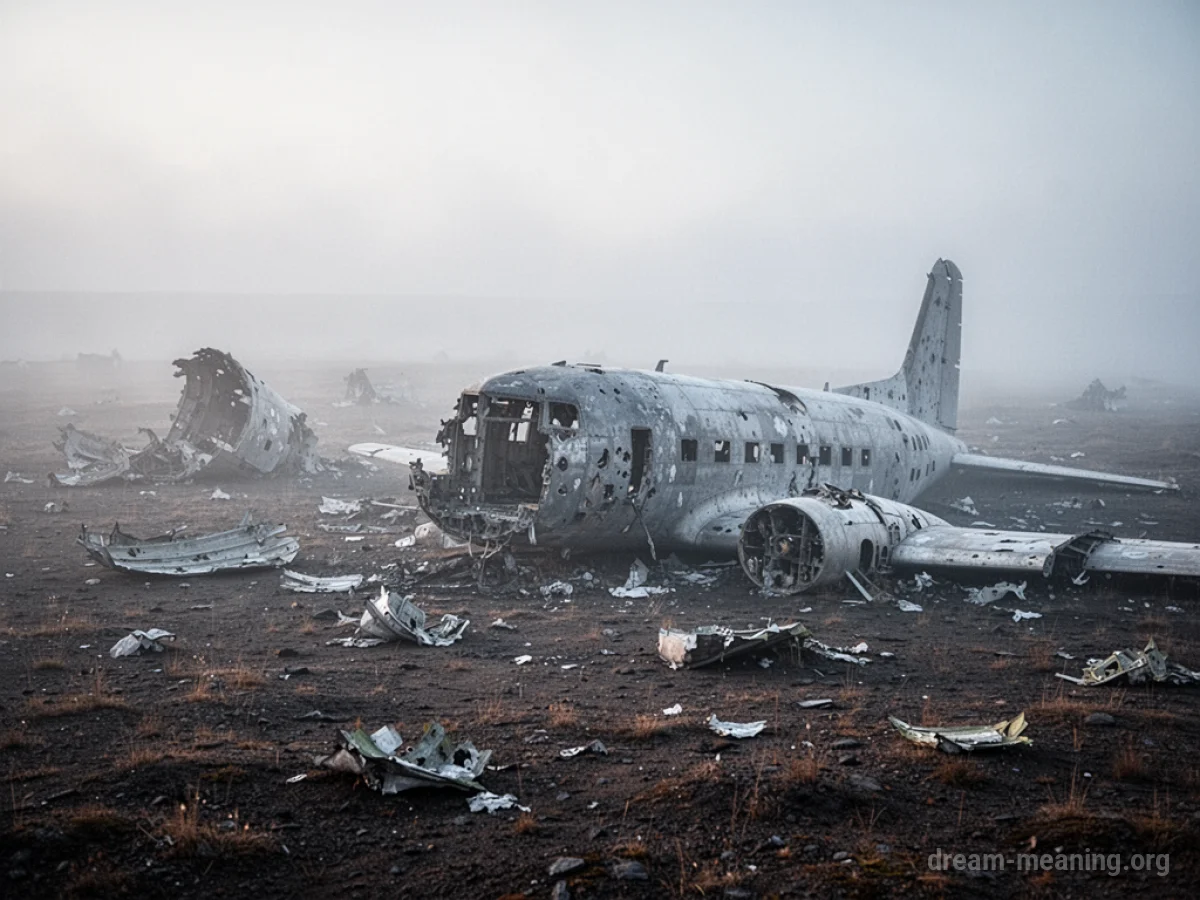 Scattered airplane debris in a foggy, empty landscape.