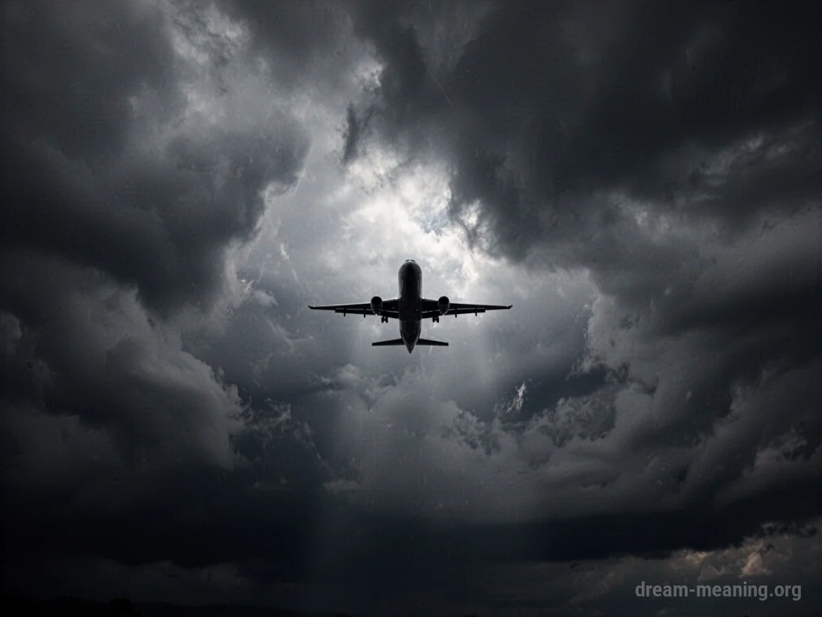 An airplane silhouette in a dark, cloudy sky.