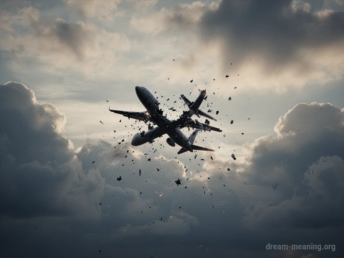 A distant airplane in the sky breaking into pieces against clouds.