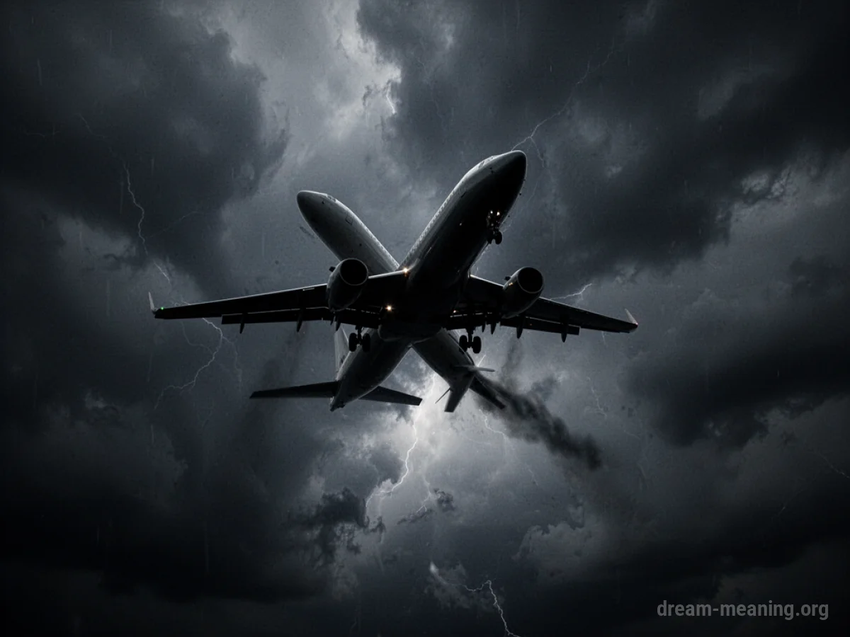 Silhouette of a plane falling from a dark, cloudy sky.