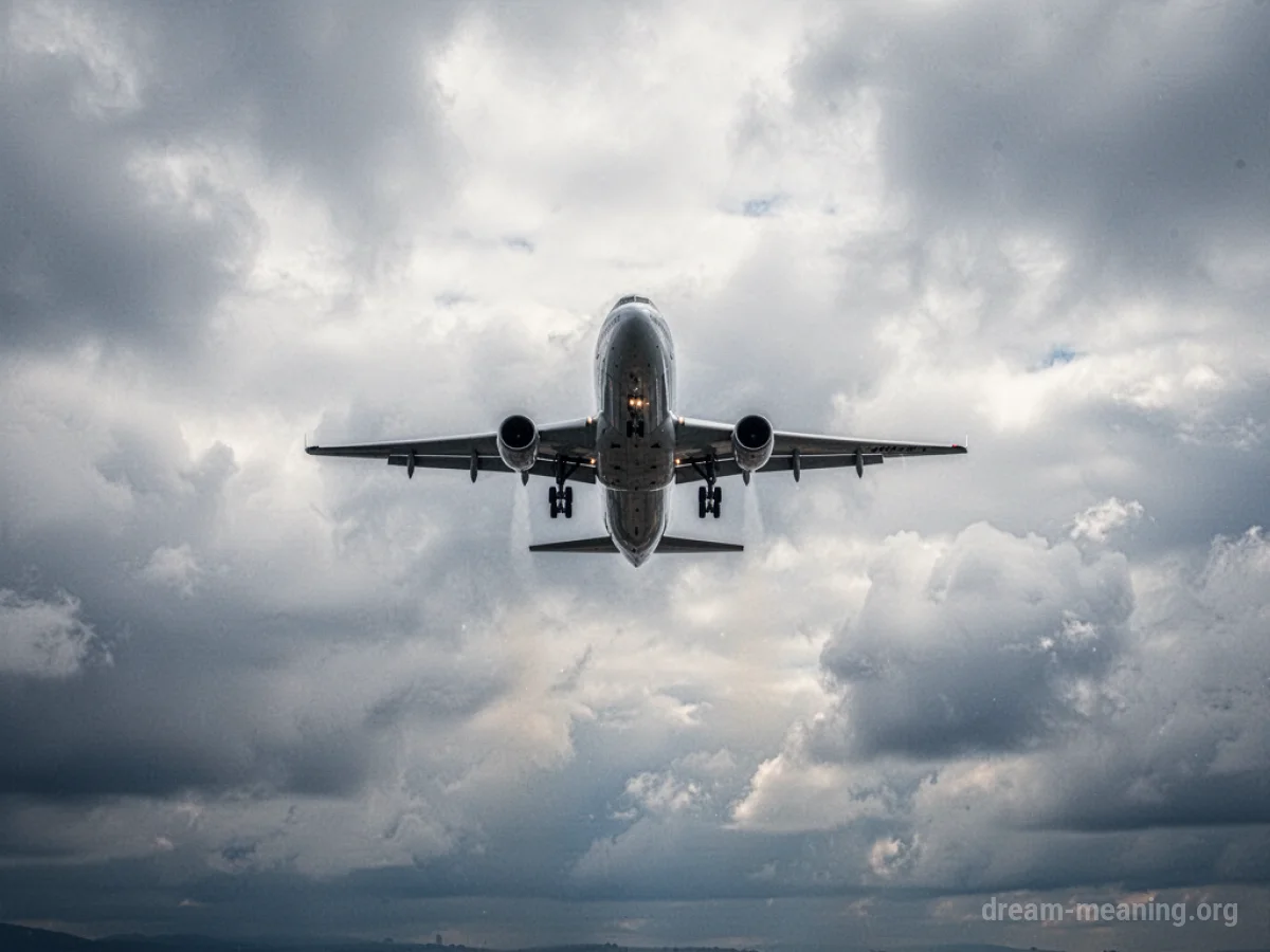 An airplane slowly descending through a cloudy sky.