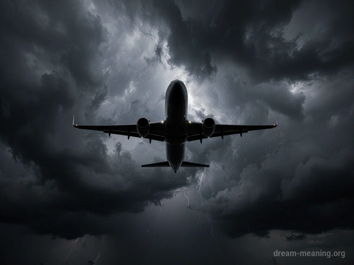 Silhouette of an airplane against a dark, cloudy sky.