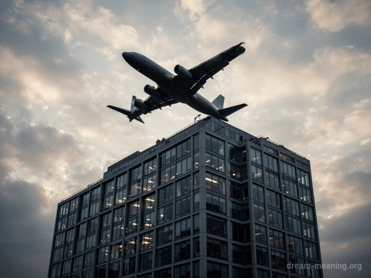 Silhouette of an airplane heading towards a building.