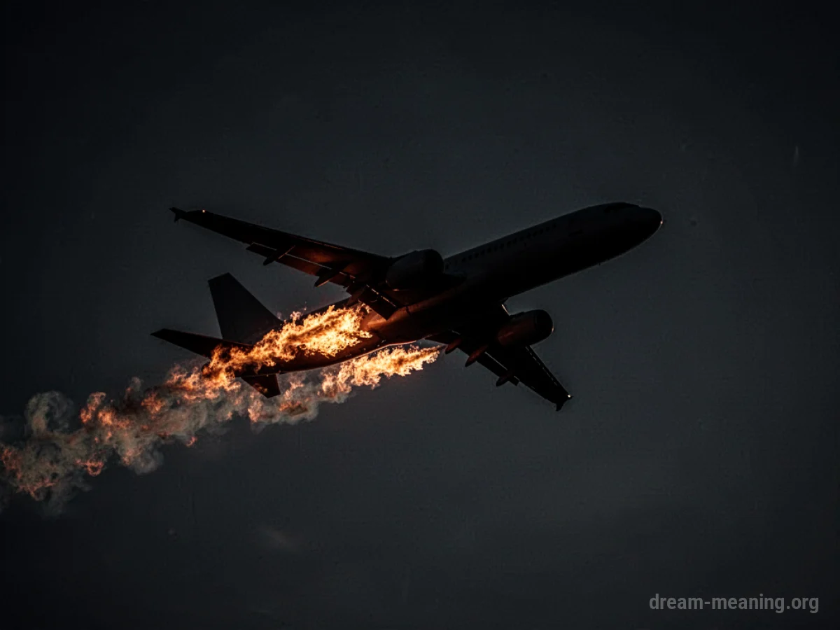 Silhouette of an airplane engulfed in flames against a dark sky.