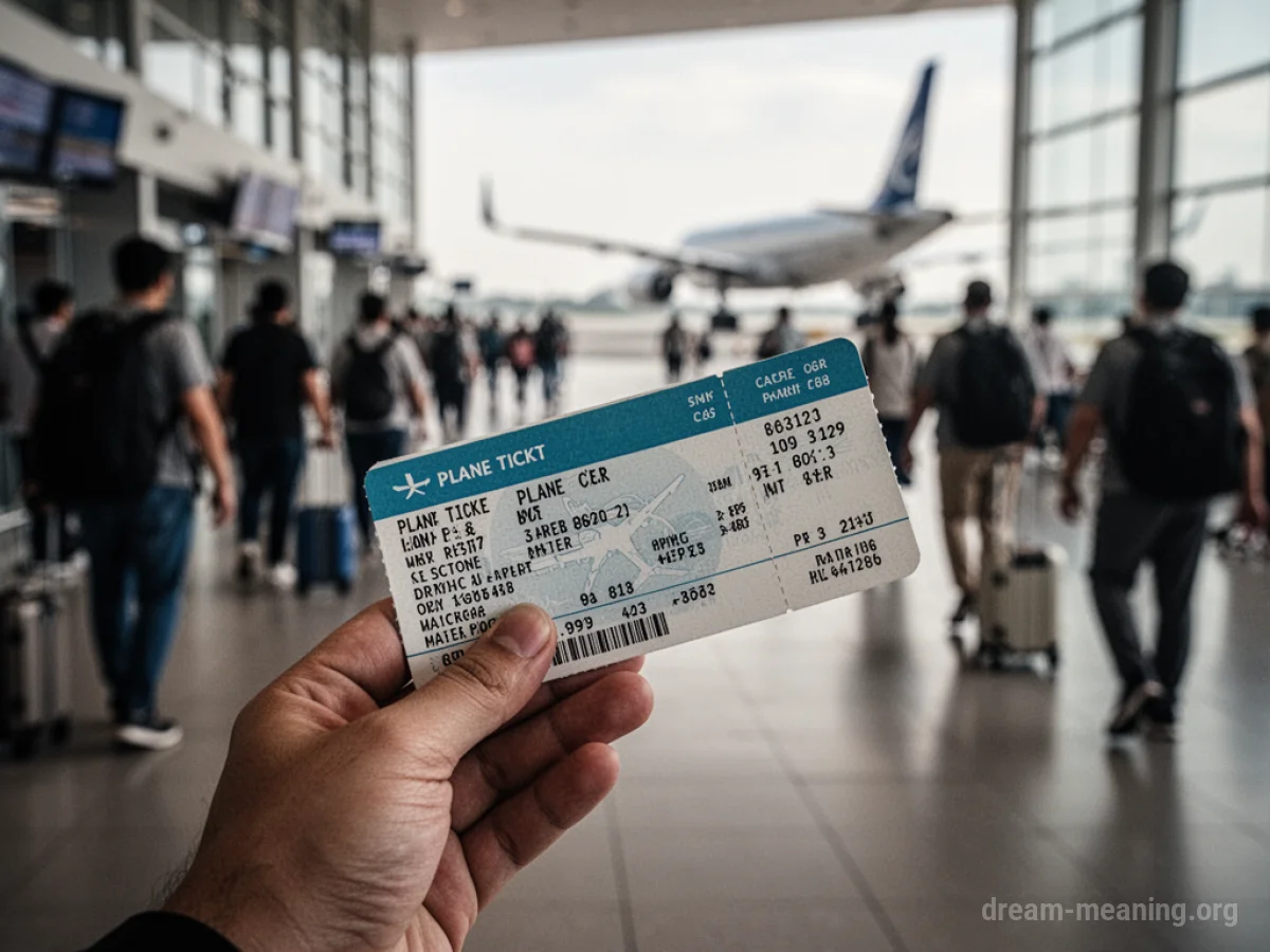 A hand holding a plane ticket with a busy airport concourse in the background.