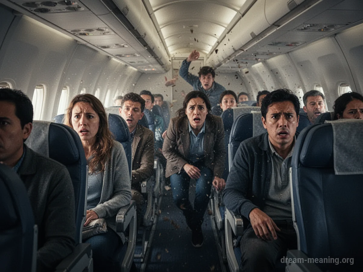 Passengers inside an airplane cabin during a storm.