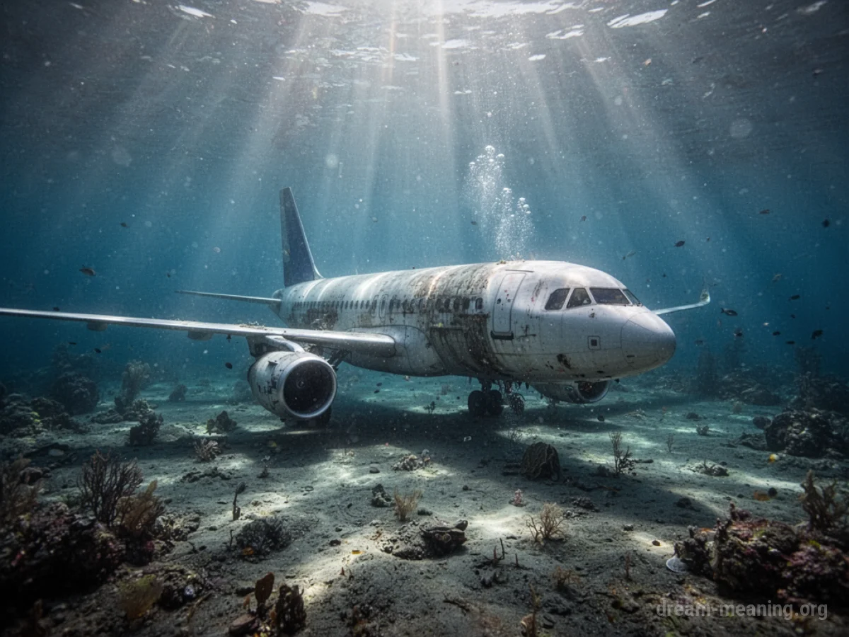 A commercial airplane submerged underwater on the ocean floor.
