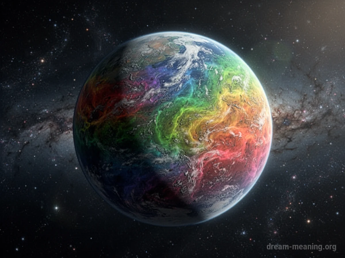 A celestial body in outer space displaying a spectrum of shifting colors across its surface.