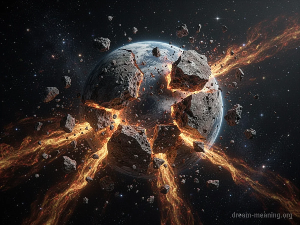 A planet fracturing and disintegrating in outer space.