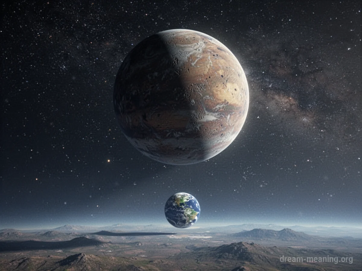 A large celestial body, like a planet, is shown falling from the sky towards the Earth.