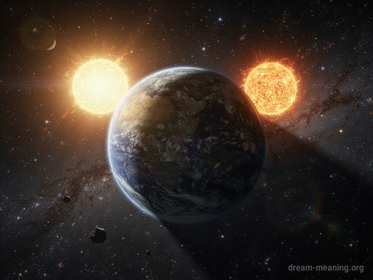 A planet viewed from space, illuminated by two suns.
