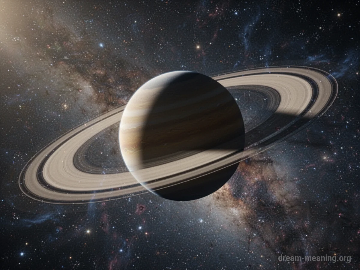 A large planet with visible rings in outer space.