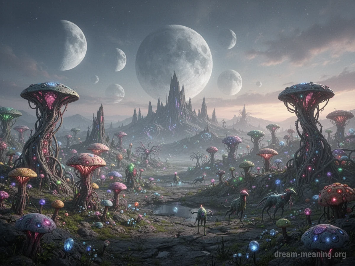 An alien planet landscape with peculiar plants and small, unusual creatures.