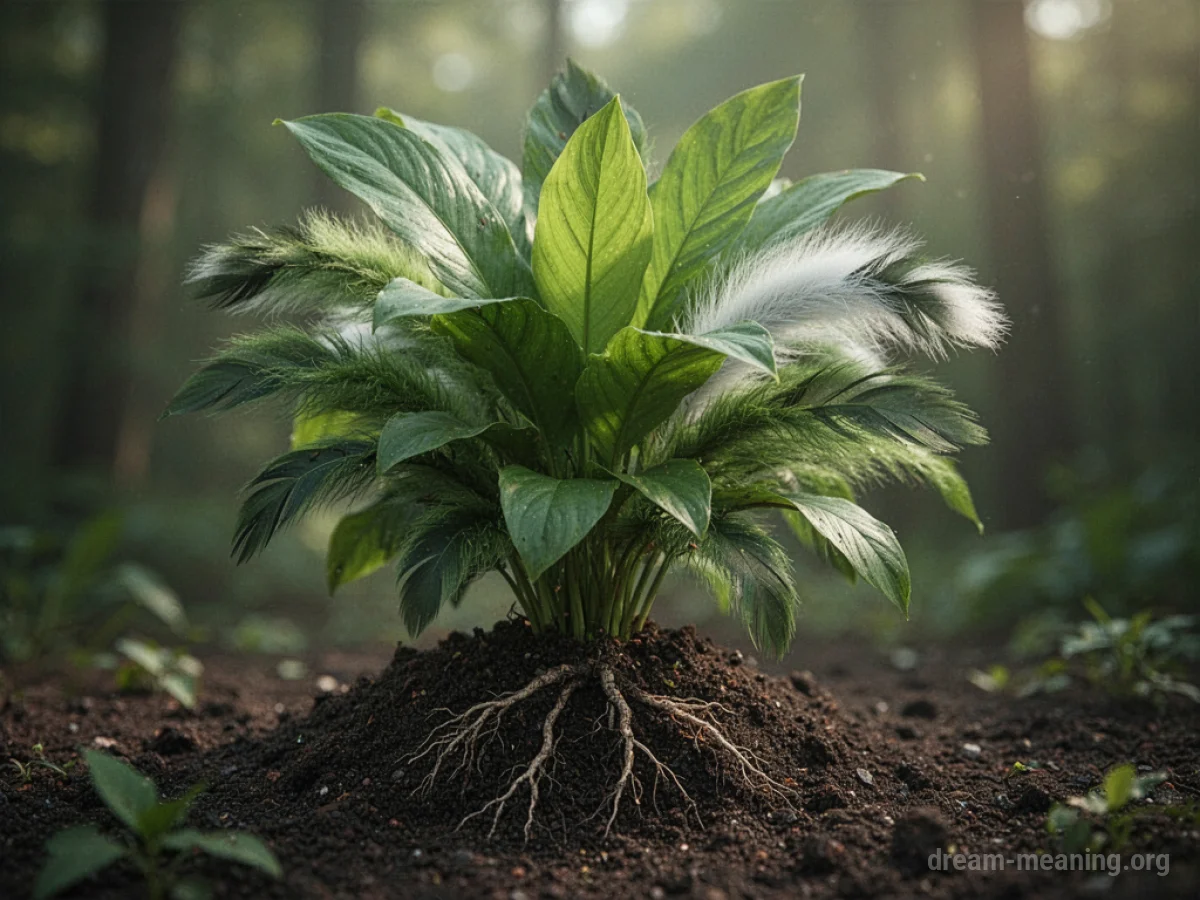 A plant's leafy branches transforming into bird feathers.