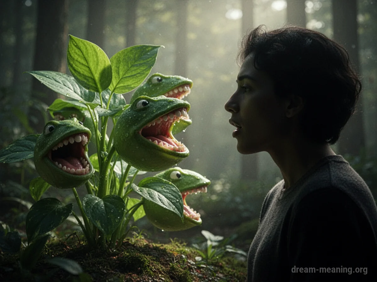 A green plant with leaf-mouths speaking to a person's silhouette.