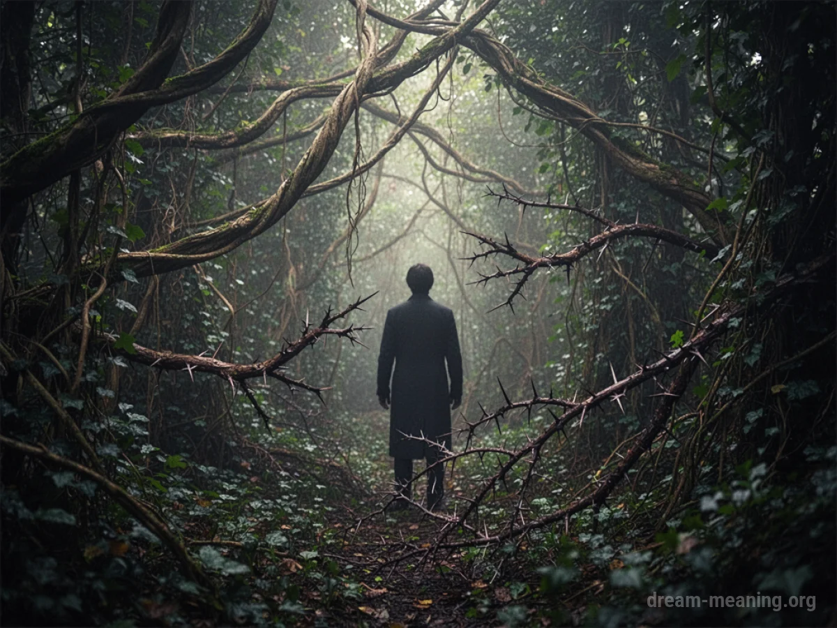 Overgrown plants with thorny branches reaching towards a person's silhouette.