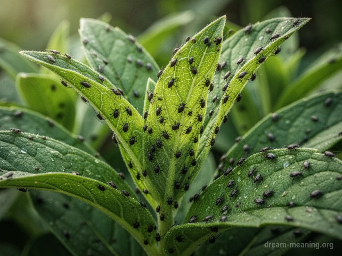 Green plant leaves covered in numerous tiny dark insects.