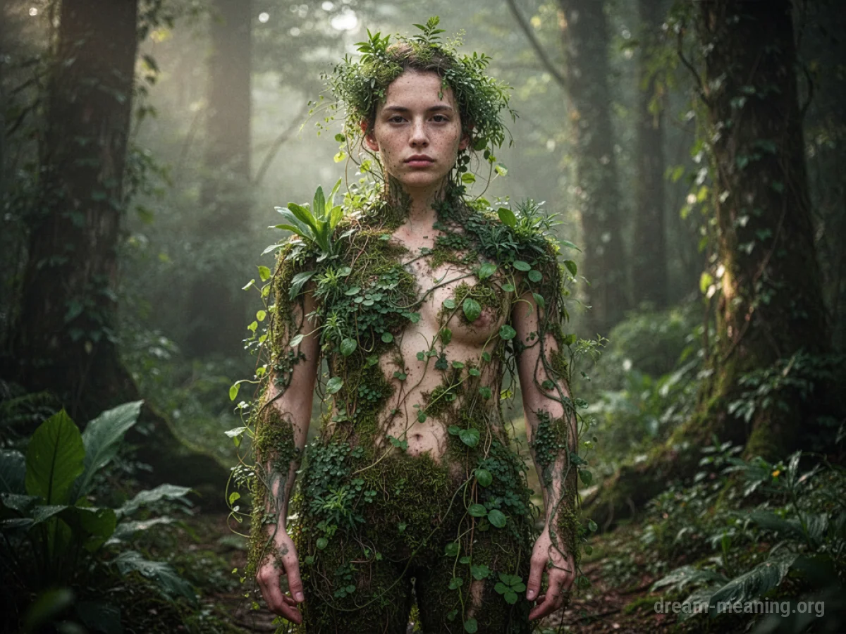 A person covered in growing plants and vines.