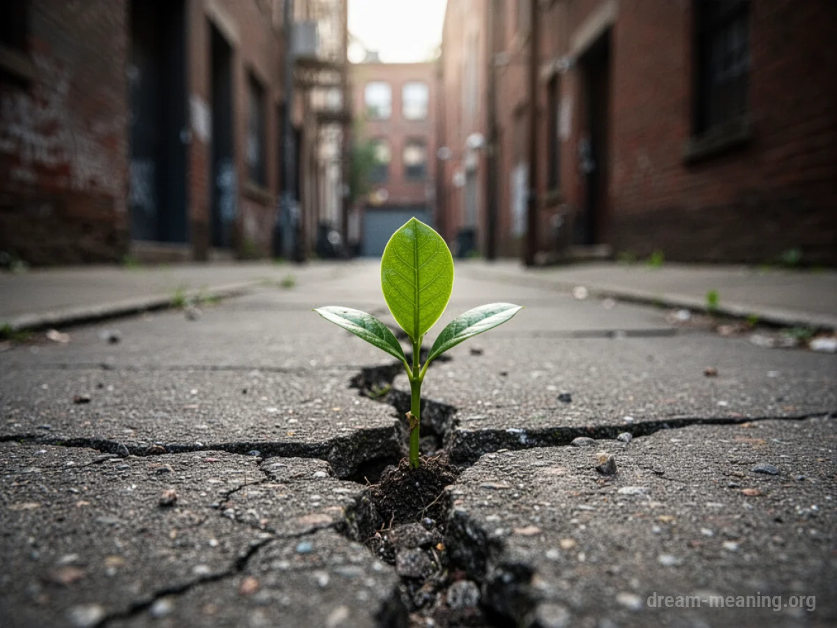 A small green plant growing out of a crack in a concrete sidewalk.