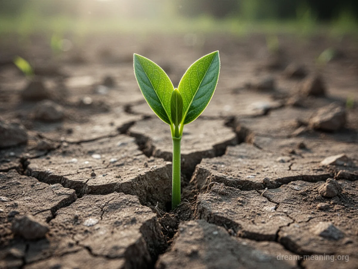 A small green sprout emerging from dry, cracked ground.