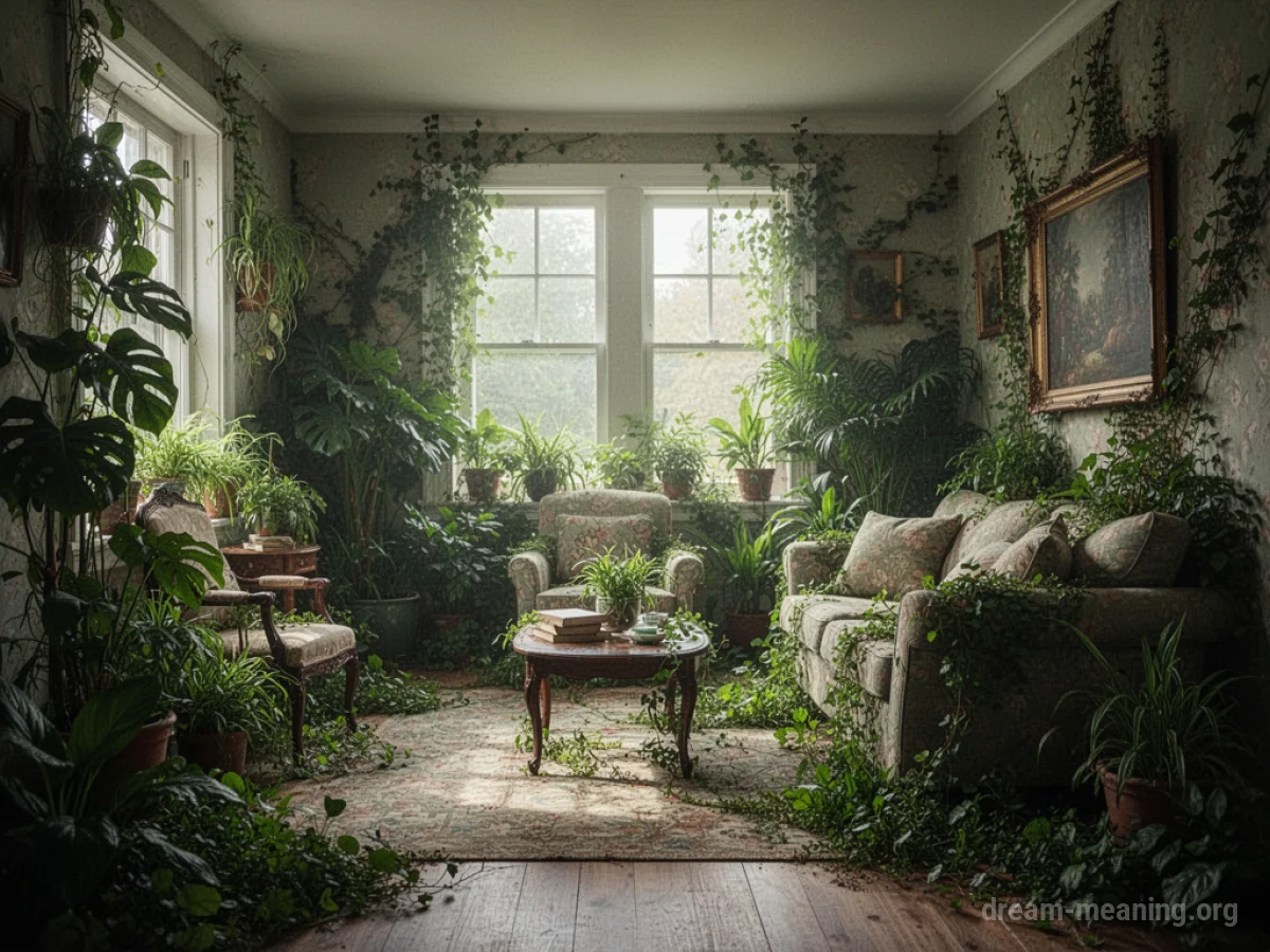 Green plants aggressively growing and covering the interior of a house.
