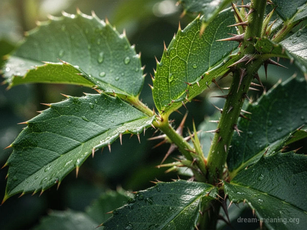 Green plant stems covered in sharp, pointed thorns.