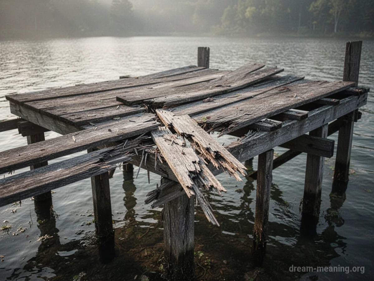 A wooden platform with broken and splintered planks.