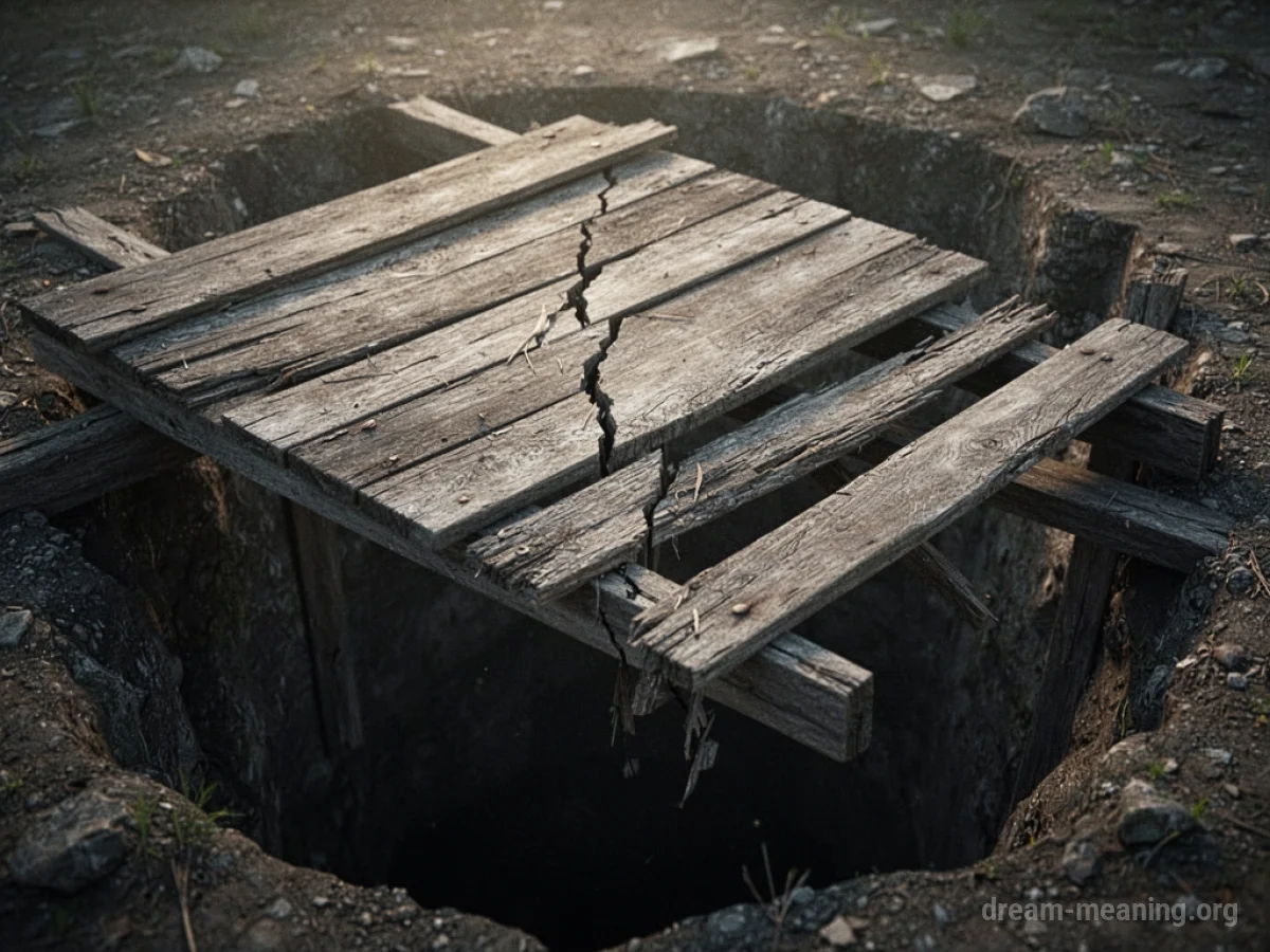 A wooden platform with visible cracks, tilted as if about to fall into a dark space.