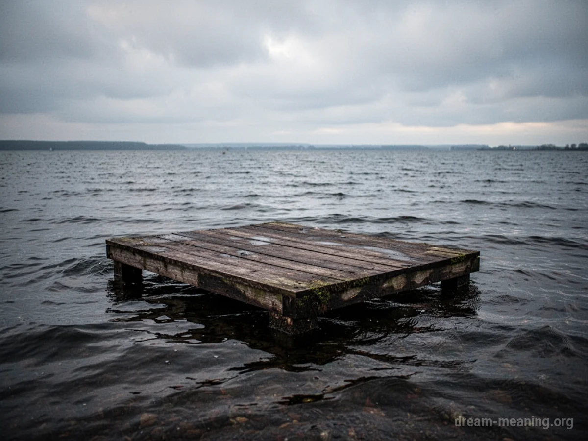 A platform partially submerged in dark water.