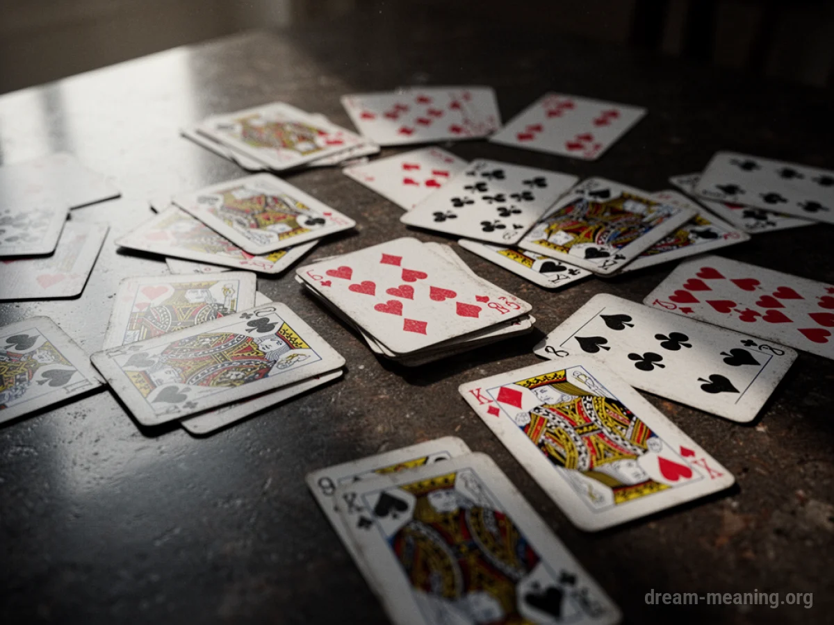 A close-up view of several playing cards spread out on a table.