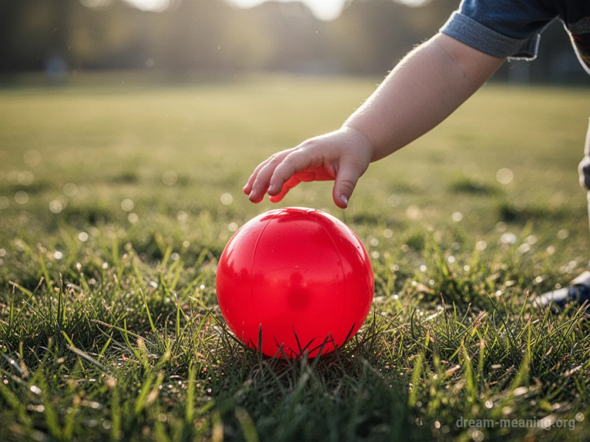 A child's hand reaching for a red ball on grass.
