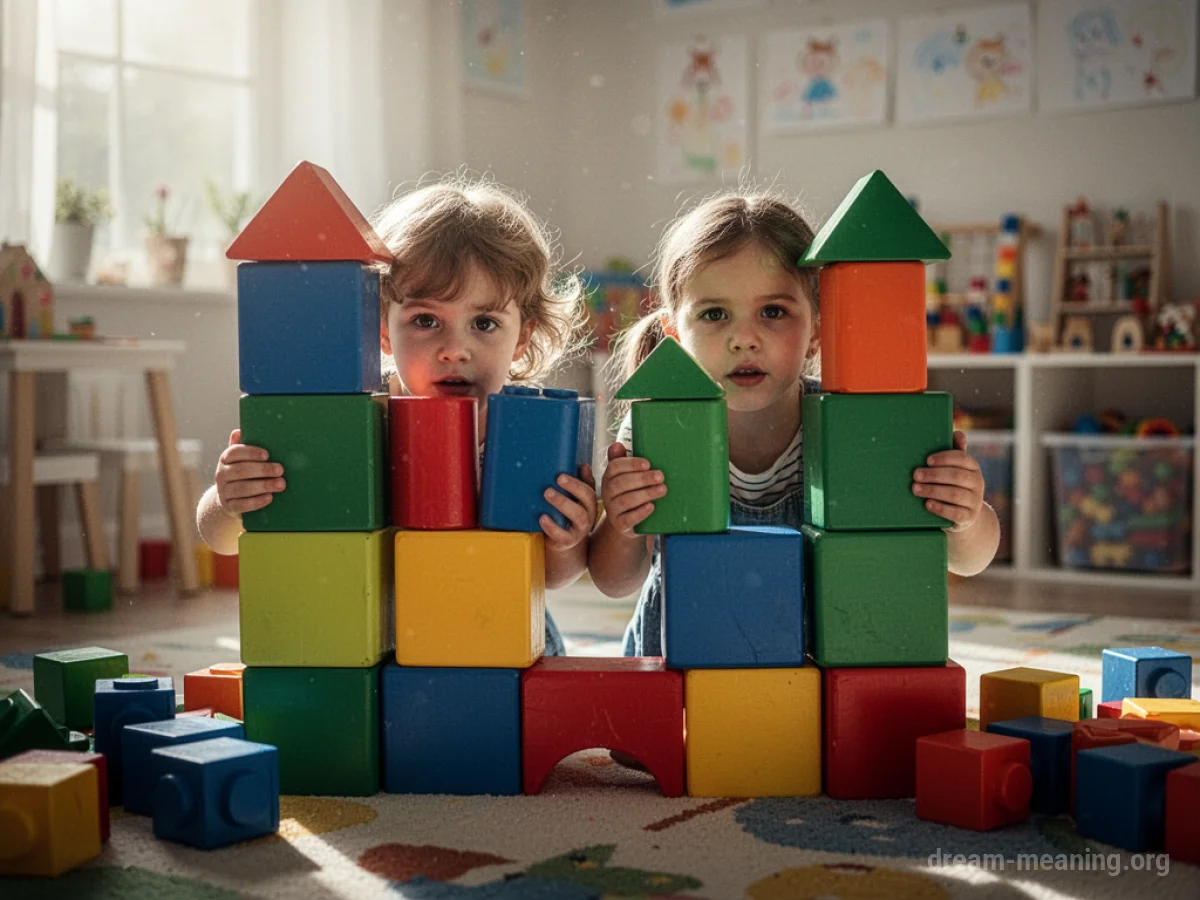 Two children hiding behind large blocks.