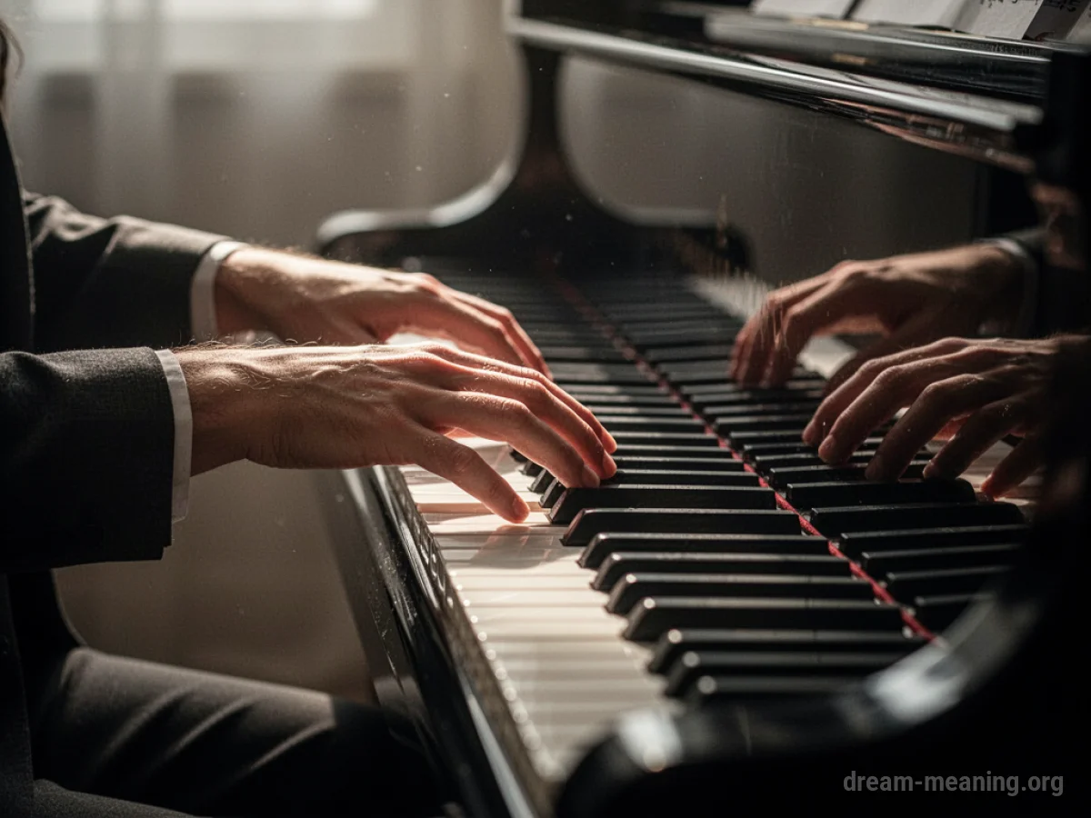 Hands playing a piano keyboard.