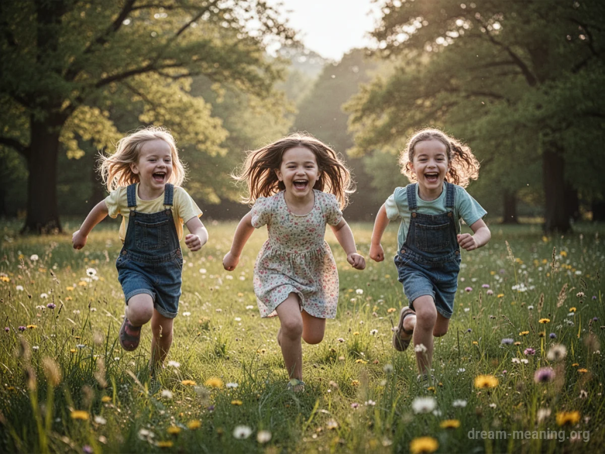 A group of children playing and running in a sunny field.