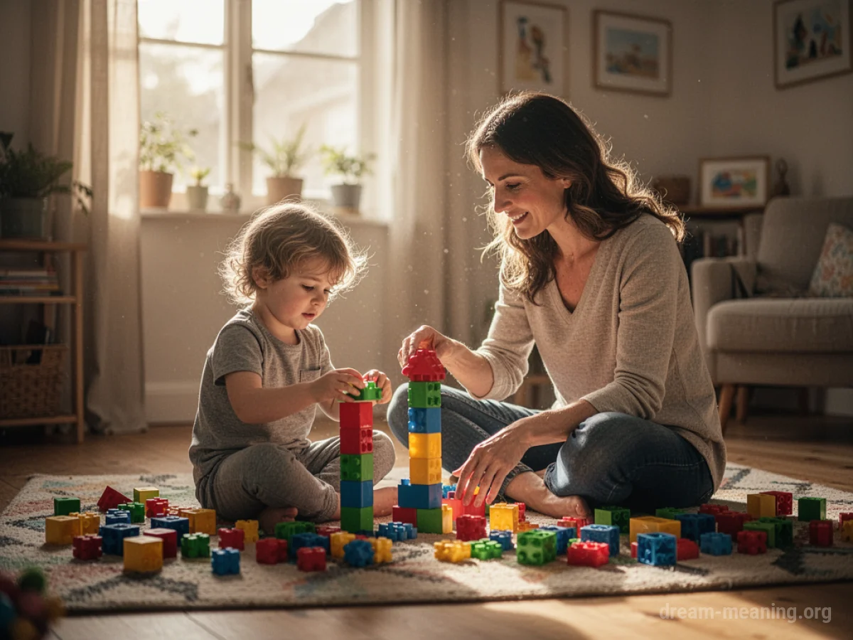 A mother and child building with colorful blocks in a bright room.