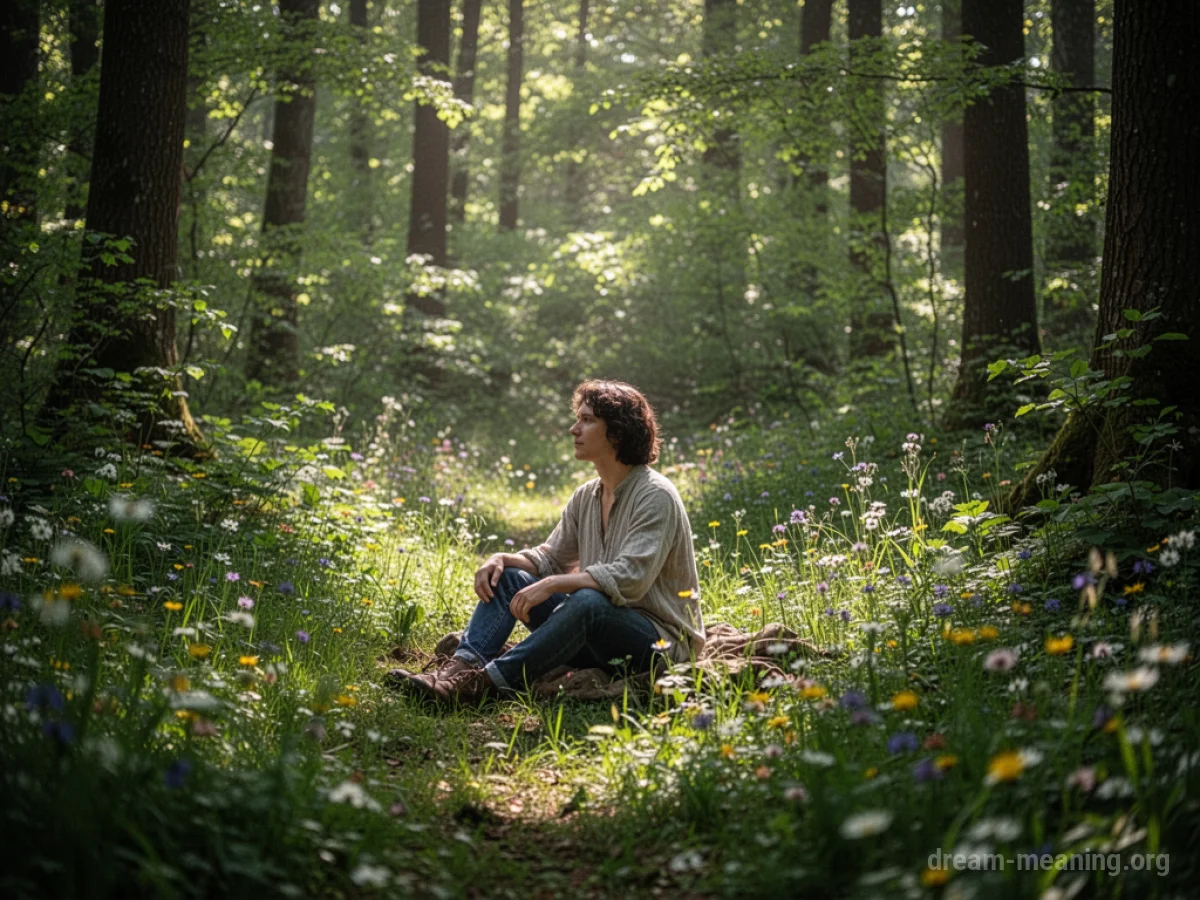 A person sitting peacefully in a sun-dappled forest clearing.