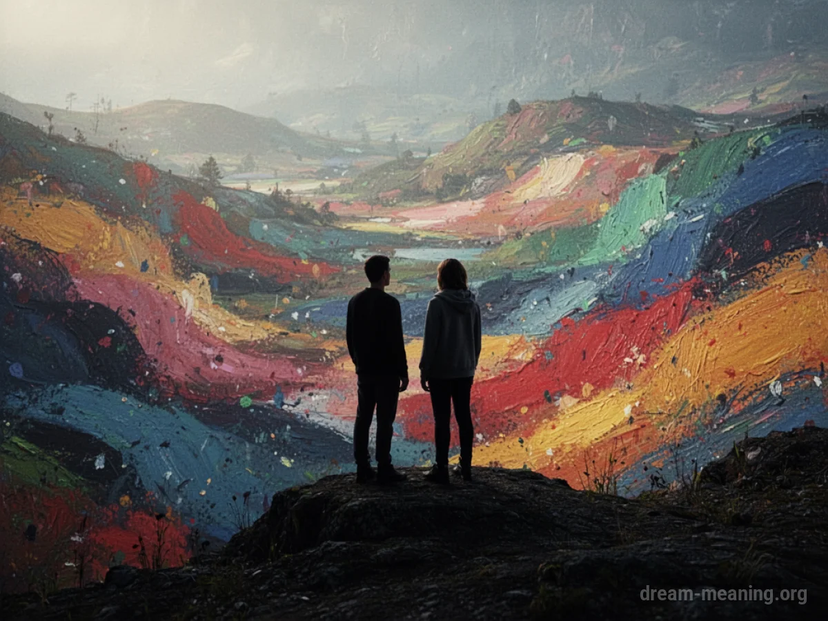 Two silhouetted figures stand on the edge of a brightly colored, abstract landscape.