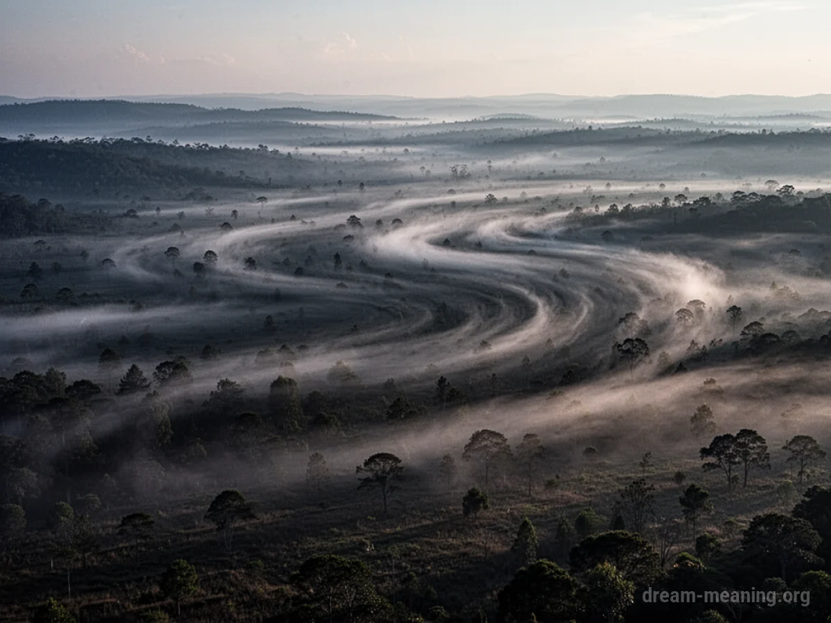 A dark, swirling mist covering a landscape.