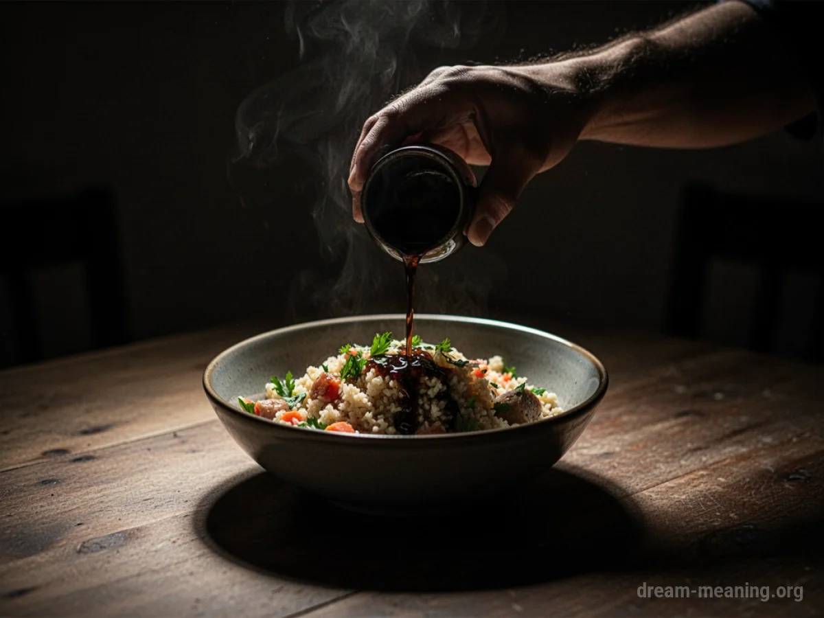 A dark liquid being poured into a bowl of food.