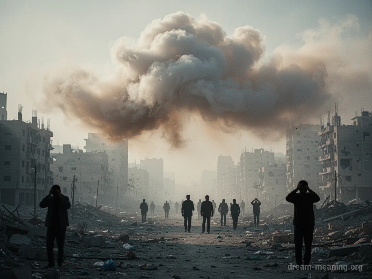 A murky, colored gas cloud obscuring buildings and distant figures.