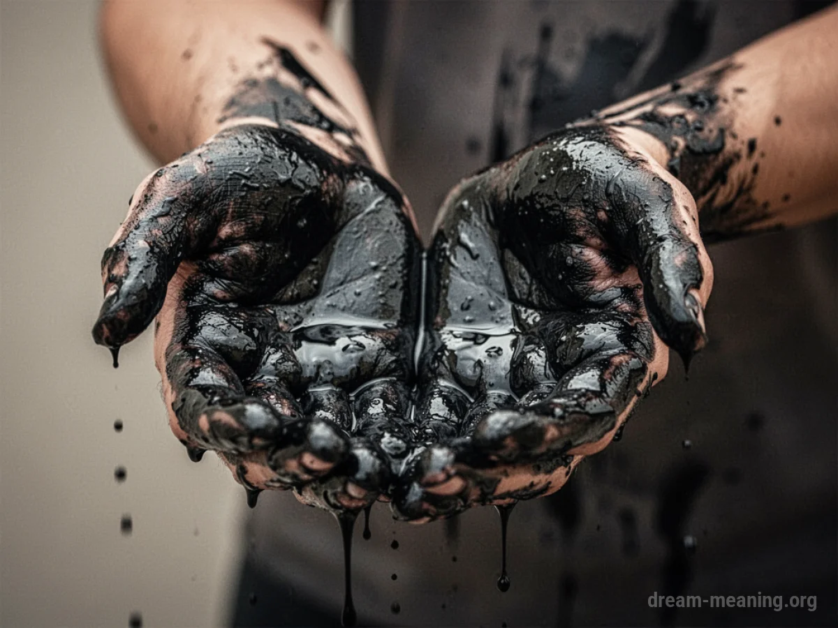 Close-up of hands covered in dark liquid.