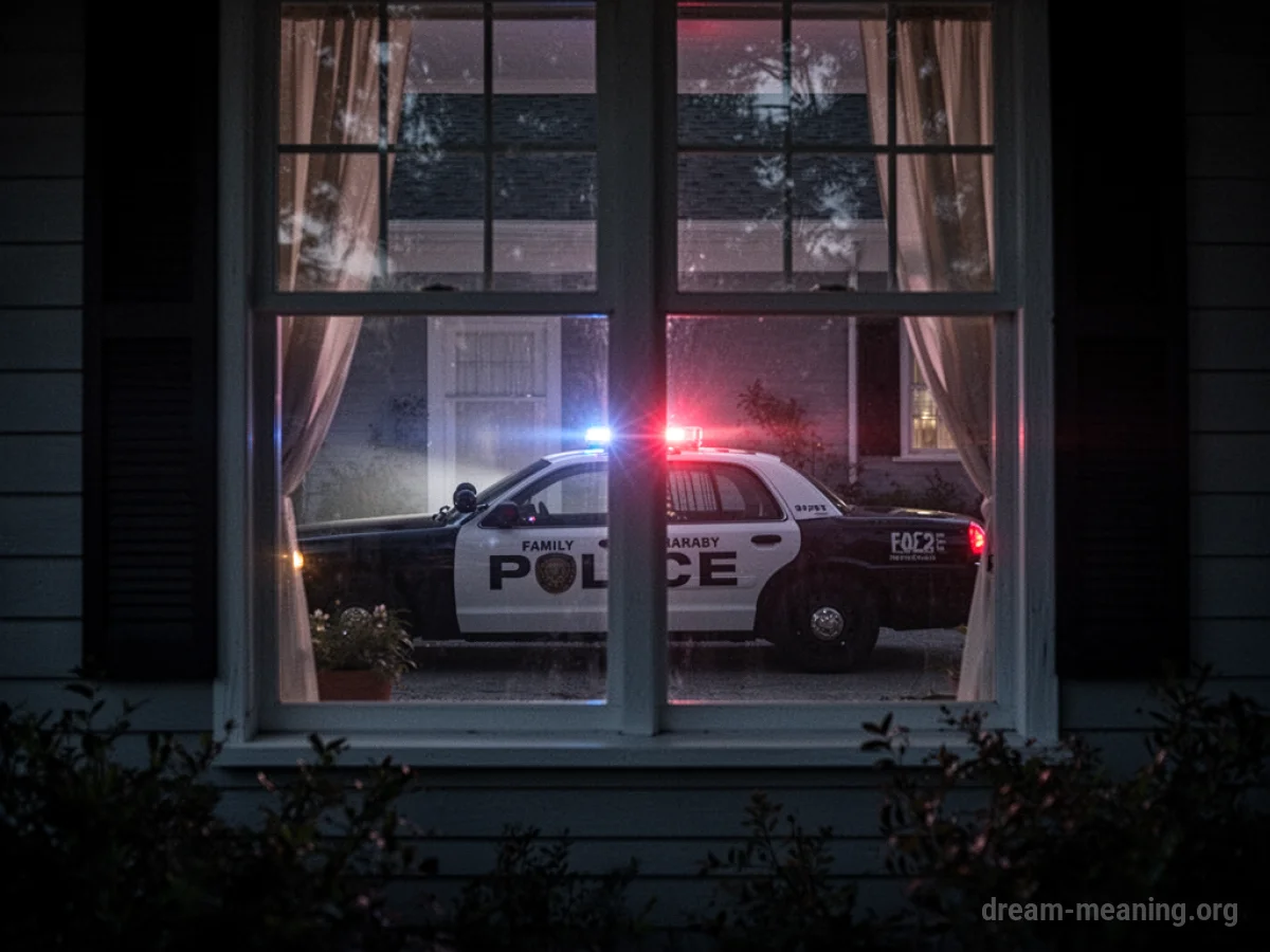 A police car with flashing lights outside a house window.