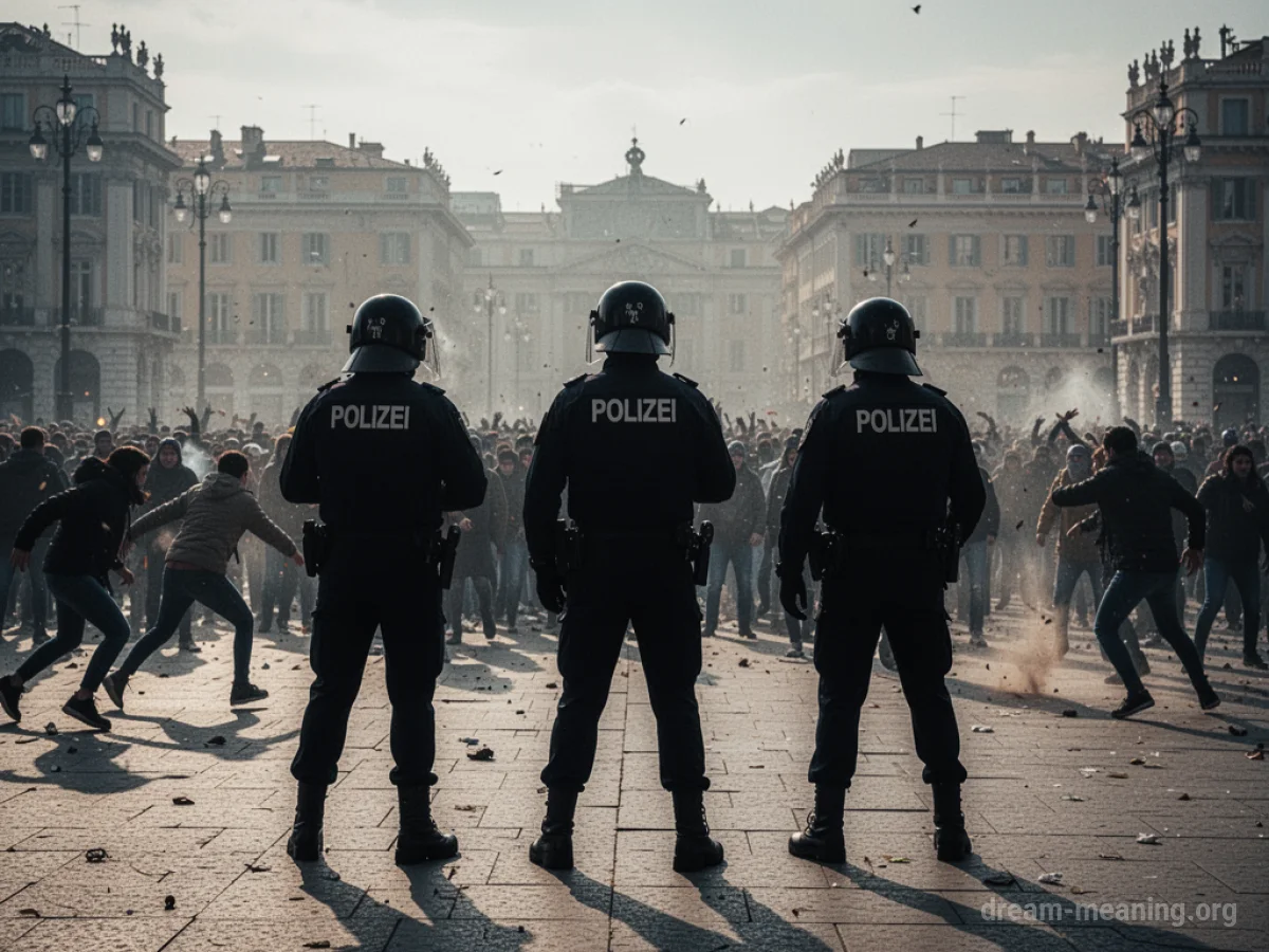 Silhouettes of police officers confronting a scattering crowd.